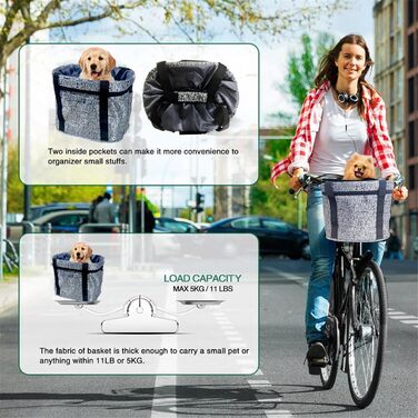 Складаний водонепроникний кошик на кермо велосипеда, знімний, з алюмінієвого сплаву, для собак та котів, для походів, пікніків та покупок (Чорний/Сірий)