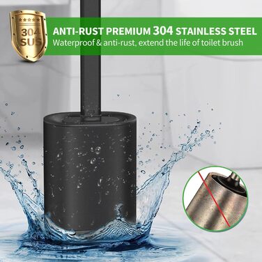 HOMEASY Silicone Toilet Brush Black - Stainless Steel Toilet Brush with Stainless Steel Holder, Flexible Silicone WC Brush Set, Toilet Brush with Holder, Wall Mount (No Drilling) & Stand for Bathroom