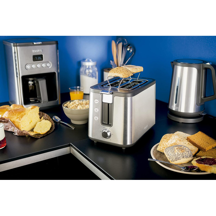 Krups KH442D Control Line Premium Toaster | Stainless Steel | 2 Short Slots for 2 Slices | Bagel Attachment | 6 Browning Levels | 850 W | 23.6 x 32.4 x 20.2 cm | Silver/Black