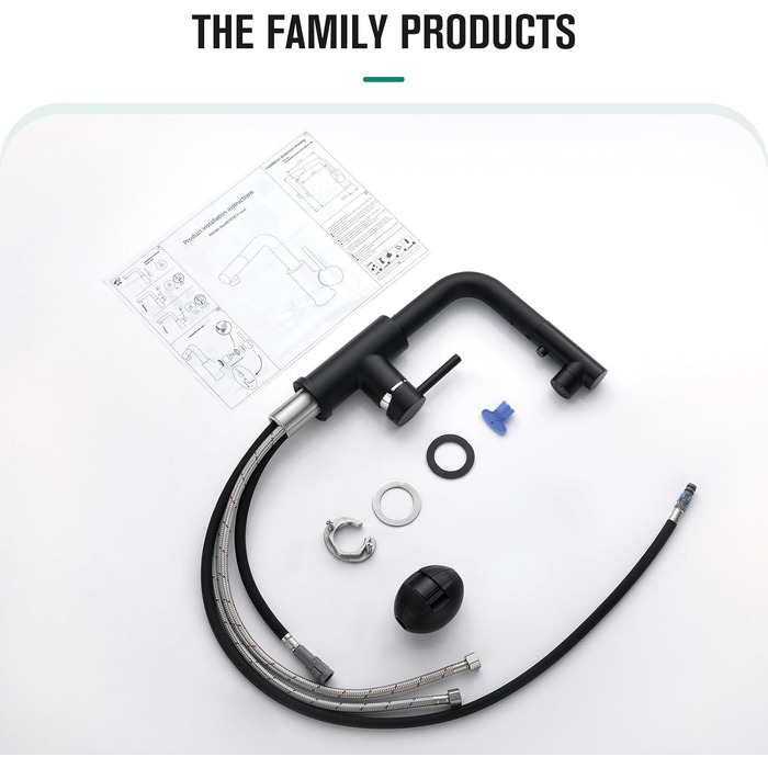 Кухонний змішувач CREA з 3 функціями: душ, висувний вилив, поворот 360°. Матовий чорний, для кухні.