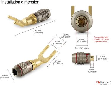Позолочений Y-подібний роз'єм Nakamichi FanLock Excel-Serie для акустичних кабелів 10-18 AWG, 4мм, для Hi-Fi стерео та домашнього кінотеатру, 4 шт (2 пари)