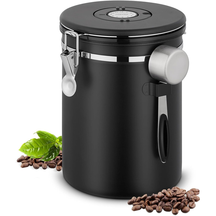 Герметичний контейнер для кави з нержавіючої сталі, 2.8 л, з CO2-клапаном, мірною ложкою та індикатором дати (для кави, горіхів, чаю, какао)