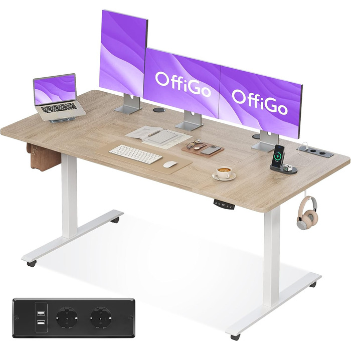 OffiGo Electric Standing Desk with USB Ports - Height Adjustable Desk, Memory Function, 160x70cm - White