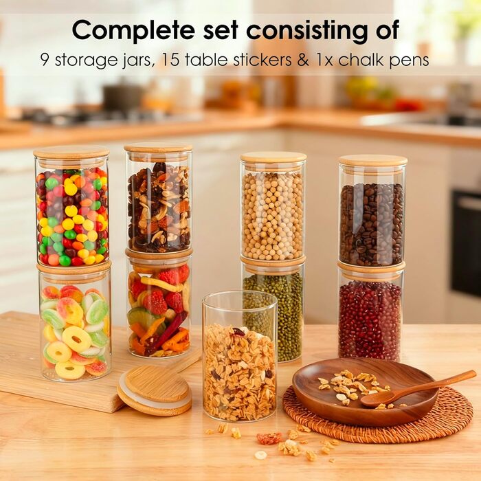 Набори скляних банок для зберігання з кришками (12 шт.) - 4x400 мл, 4x500 мл, 4x700 мл. Скляні контейнери для кухні, баночки з дерев'яними кришками.