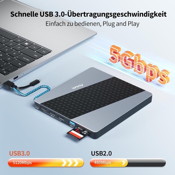 Зовнішній USB 3.0 CD/DVD-записувач Alxum з картридером SD/TF та додатковим USB-портом, Plug & Play для Windows, Linux, Mac OS, T039A