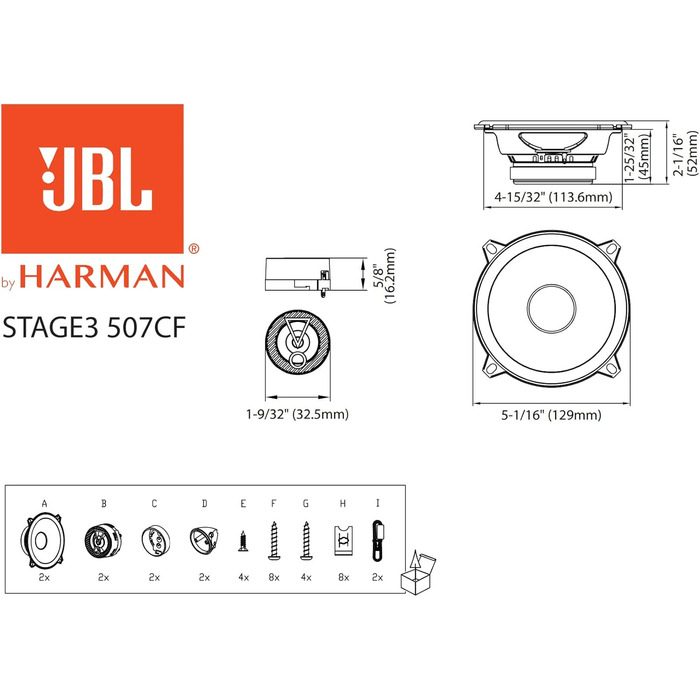 JBL Stage3 507CF автомобільні 2-смугові компоненти 135 Вт, 13 см, комплект динаміків Harman Kardon, без решітки, 3,25 см твіттер, чорний