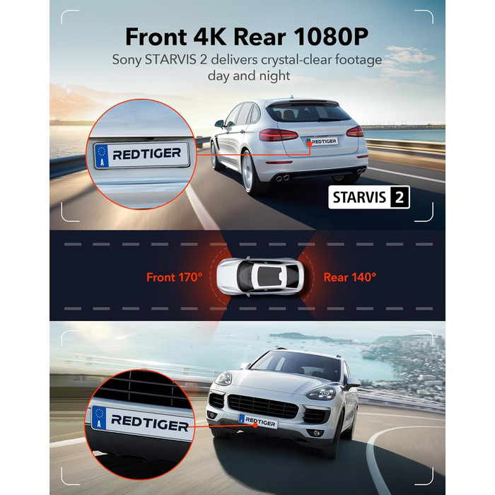 Відеореєстратор REDTIGER 4K STARVIS 2 з двома камерами, сенсорний екран 3.18