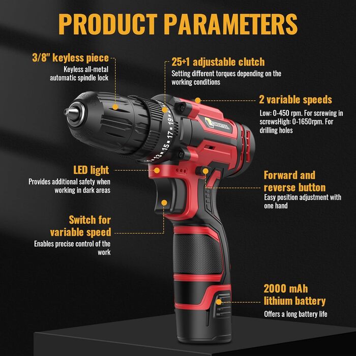 Акумуляторний шуруповерт CONETOOL 12V Set: 2 x 2000mAh, 35 Нм, 2 швидкості, 25+1 момент, 36 аксесуарів