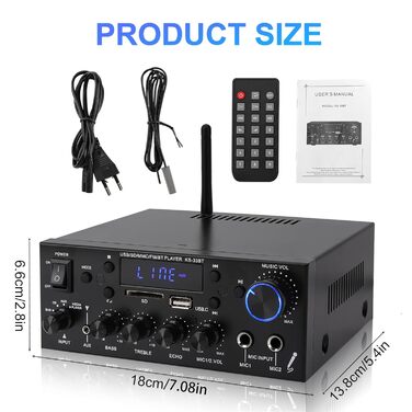 Міні підсилювач 60Вт+60Вт Bluetooth стерео, цифровий Hi-Fi аудіо підсилювач для дому та авто, USB, SD, FM, MIC, LCD дисплей, 12V/230V, 2-канальний (33BT)
