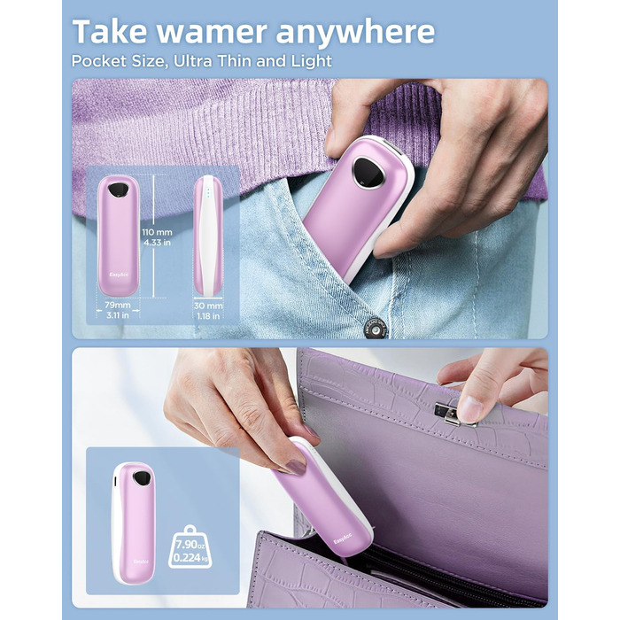 Електричні грілки для рук EasyAcc 10000mAh, 2 шт. з LED-дисплеєм, 3 режими нагріву, для кемпінгу, полювання, Рейно