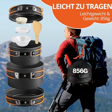 Набір посуду для кемпінгу FunyKich 17 предметів: каструлі, сковорідки, чашки, столові прибори. Підходить для 2 осіб, пікніків та походів.