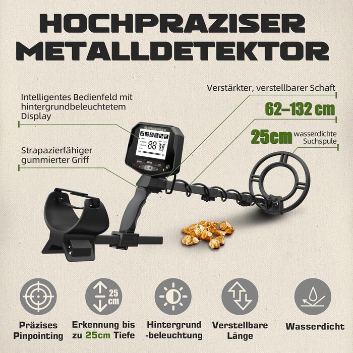 Металодетектор GreenRex Profi: водонепроникна котушка 25.4см, LCD-дисплей, для дорослих та дітей, пошук золота, ідеально для пляжу, під водою та в саду