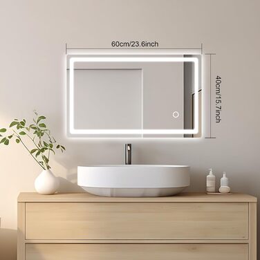 Дзеркало для ванної кімнати з підсвічуванням 40x60 см LED, з вимикачем, холодне біле світло 6000K