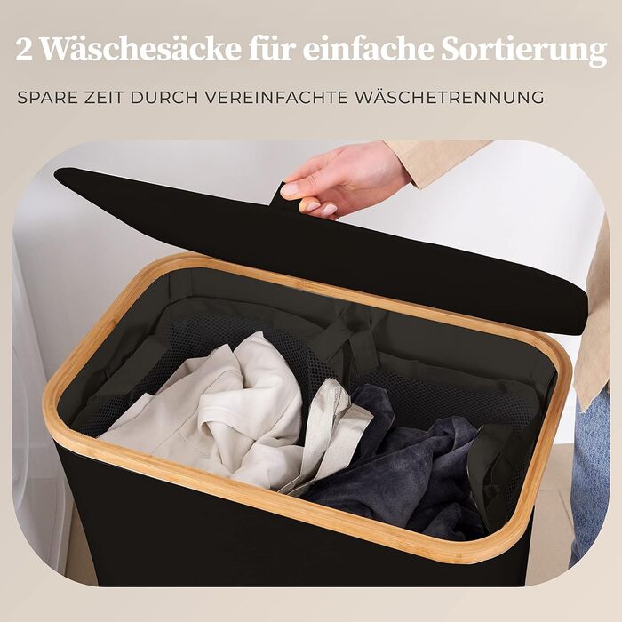HENNEZ Laundry Basket with Lid, 2 Compartments, Slim Laundry Basket, Black, 141L Laundry Bag - Laundry Sorter, Anthracite Laundry Box, Laundry Bin, Black Laundry Collector with Lid, Laundry Chest, Dark Laundry Baskets