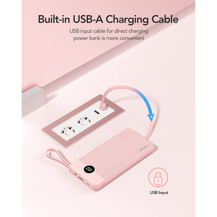 Powerbank VRURC 10000mAh з кабелем: портативний зарядний пристрій USB-C з LED дисплеєм та 5 виходами для iPhone, Huawei, Samsung та інших смартфонів - Рожевий