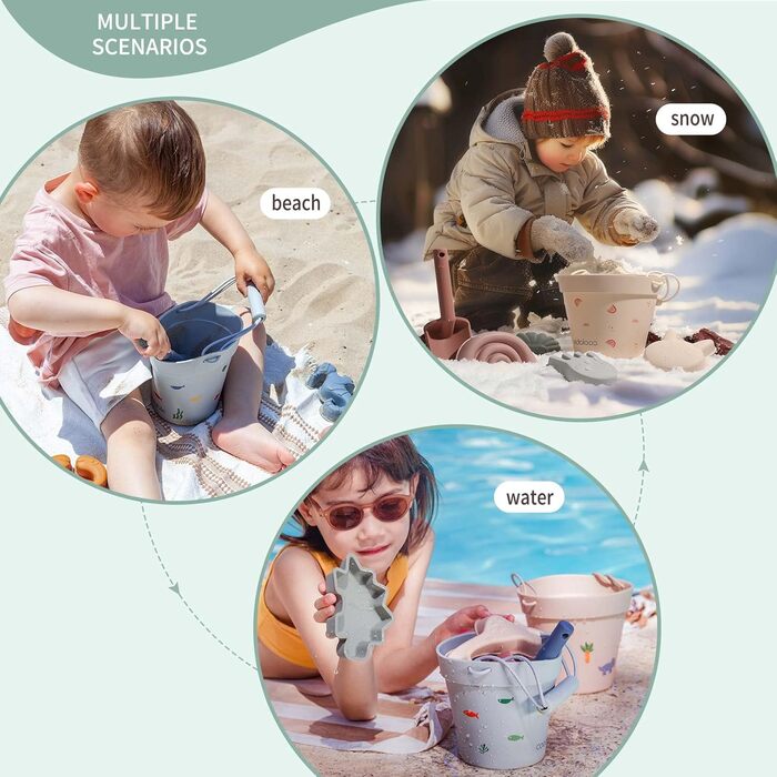 Coolable 6 PCS Beach Toys for Kids, Silicone Beach Toy Set, Includes Bucket, Shovel, and 4 Sand Molds for Boys and Girls (Rainbow)