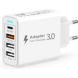 Мережевий зарядний пристрій USB-C 40W з 4 портами PD та QC3.0, для iPhone 15/14/13/12/11, Samsung S24/S23/S22