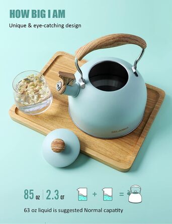 Чайник BELANKO з свистком, 2.5 л, нержавіюча сталь, з дерев'ястим декором, складна ручка, для чаю, кави, молока – блакитний