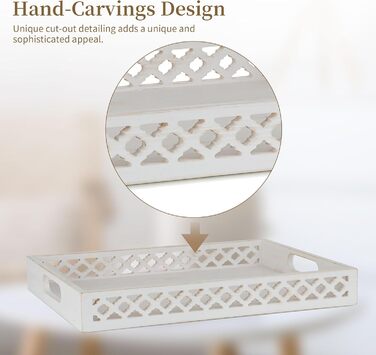 Hanobe Serving Tray Wooden Tray Decor Tray: Rectangular farmhouse decor tray wood white with handle white candle tray for coffee table tealight kitchen table
