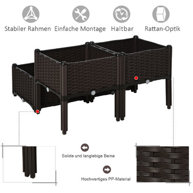 Outsunny Raised Garden Bed Rattan Plant Box 40x40x44cm with PP Drainage Holes, Brown for Garden Balcony