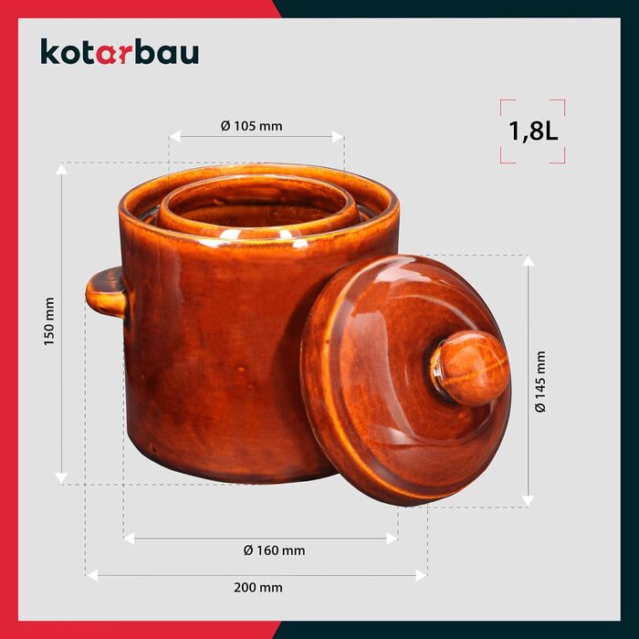KOTARBAU Глечик для квашення 1,8 л коричневий, керамічний, з гідрозатвором, для квашення огірків і капусти, ємність для засолювання, бочонок з кам'яної кераміки