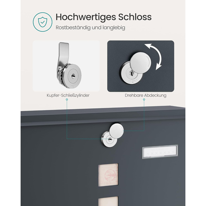 Поштова скринька SONGMICS з замком, оглядовим вікном та відділенням для газет, антрацит, 33.8x30.8x10 см