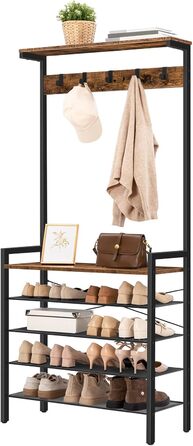 HOOBRO Coat Rack, 5-Tier Shoe Shelf, Wardrobe, Clothes Rack with 5 Removable Hooks, Top Shelf, Entryway, Living Room, Vintage Brown-Black EBF74MT01