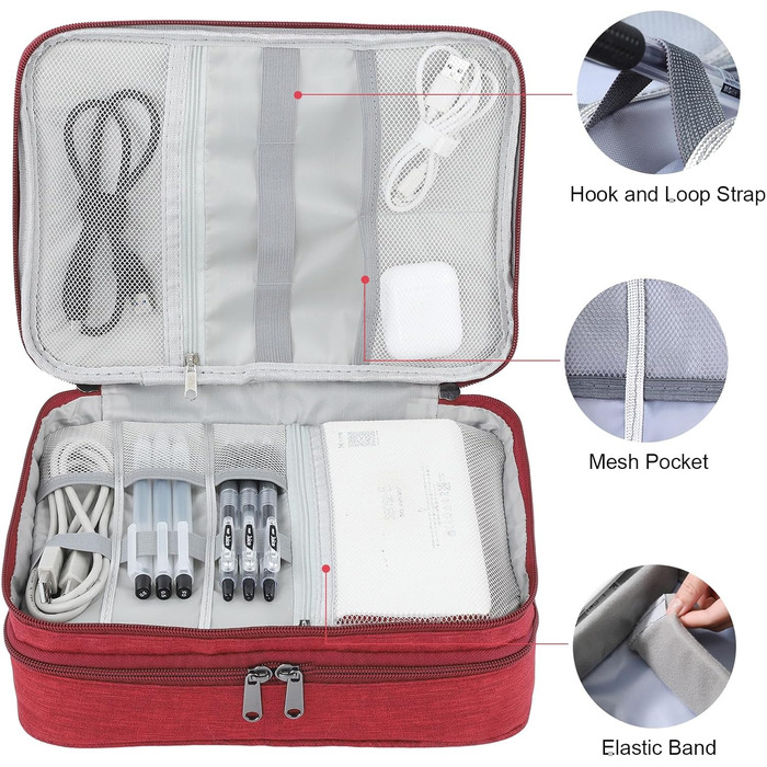 Органайзер для кабелів AiQInu: універсальна дорожня сумка-кубик для кабелів, 3-шаровий водонепроникний органайзер для зарядних кабелів, Powerbank, USB-накопичувачів, SD-карт (червоний)