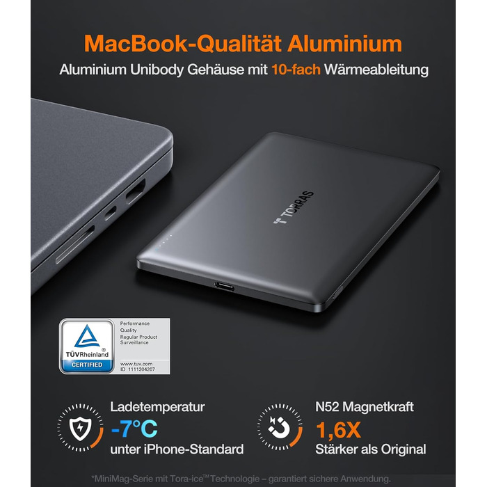 Powerbank TORRAS MiniMag Ultra Slim для iPhone 17 Pro Max, 5000mAh, MagSafe, USB-C, бездротова, сірий титан