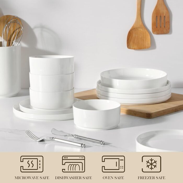 MALACASA, Leah Series, Dinnerware Set for 4 People, 12-Piece Porcelain Tableware Set Combination Set White, Dishware with Raised Edge consisting of 4x Dinner Plates, 4x Dessert Plates, 4x Cereal Bowls White, 12-Piece