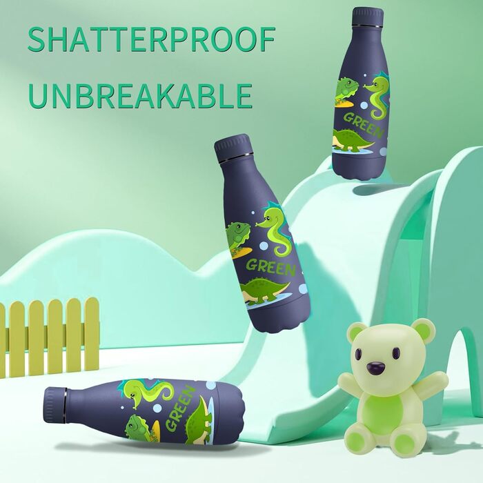 Термос Vikaster 500 мл, термофляга з нержавіючої сталі, без BPA, не протікає, багаторазовий. Ідеально для велосипеда, кемпінгу, йоги, спортзалу, фітнесу, школи, подорожей, активного відпочинку. (350 мл, Темно-синій, Динозавр)