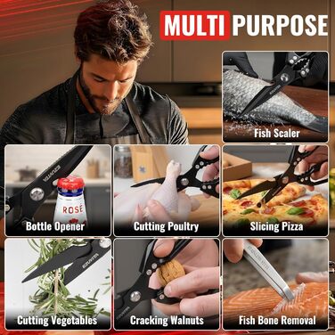 Кухонні ножиці 5-в-1 з пінцетом, титанове покриття, нержавіюча сталь, для птиці, риби, м'яса, чорний колір
