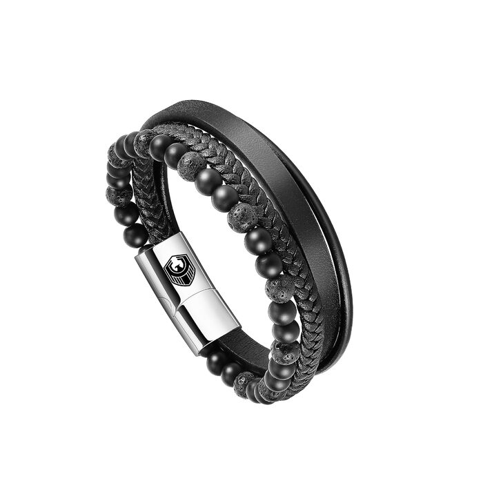 Чоловічий шкіряний браслет Lederarmband з магнітною застібкою з нержавіючої сталі, плетінка, 20.5 см, чорний + Подарункова коробка