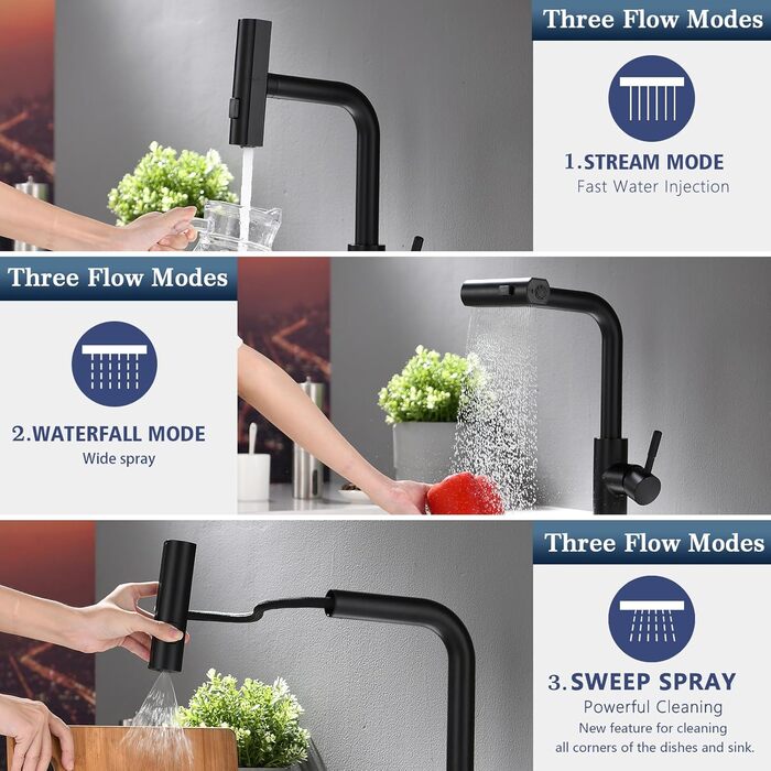 Чорний кухонний змішувач з витяжною лійкою TIMACO 360° поворотний, одноручний, для кухонної мийки | Змішувач для кухні