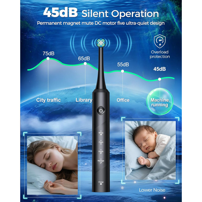 Електрична зубна щітка Rotierende для дорослих з 8 насадками, 4 режимами чищення, акумулятором на 60 днів та Smart-таймером на 2 хвилини - професійна електрична зубна щітка (чорна)