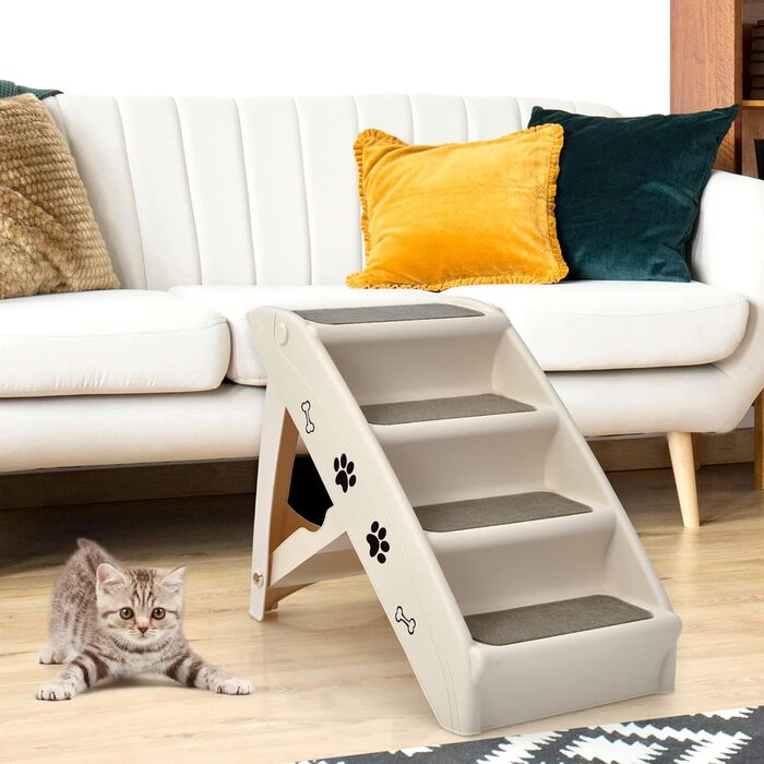 COSTWAY 4-Step Pet Stairs with Carpet, Dog Stairs Plastic Cat Stairs Foldable, Portable Dog Ramp Pet Stairs for Dogs and Cats, Pet Ramp for Climbing and Scratching (Beige)