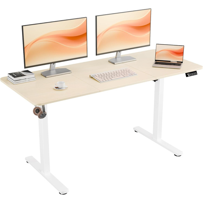 Ergonomaker Electric Height Adjustable Desk - Small Standing Desk with 2-Section Tabletop - Home Office Desk (White Frame + Oak Tabletop) - 140 x 60 cm