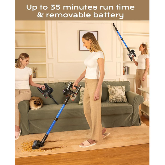 Бездротовий акумуляторний пилосос V15, 35KPa, 6-в-1, для твердих підлог та килимів, видаляє шерсть тварин (Блакитний)