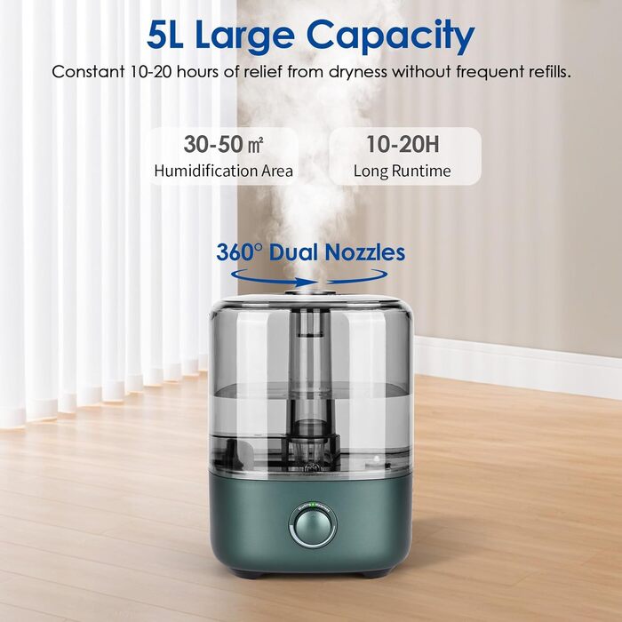 Humidifier Bedroom 5L, Vankarr Ultrasonic 28dB Quiet Air Humidifier Top-Fill Room Humidifier with 360° Swivel Nozzle, Increase Humidity for Children's Room, Office, Baby, Plants, Green