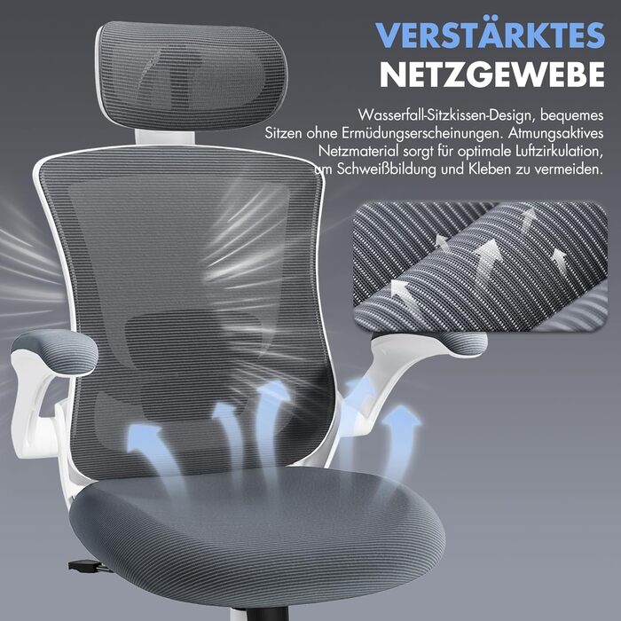 Офісне крісло Colamy з ергономічною підтримкою спини, регульованою підголівником та поперековою підтримкою, сітчасте, сірого кольору