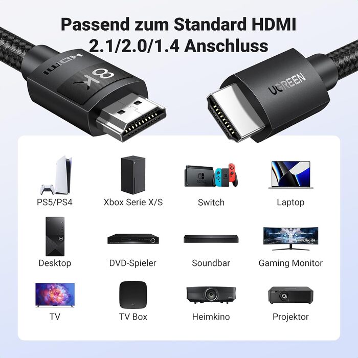 Кабель HDMI 2.1 UGREEN 10K/8K/4K з підтримкою 120Hz/144Hz, 48Gbit/s, eARC, HDR 10+, Dolby Vision, VRR, 2 метри