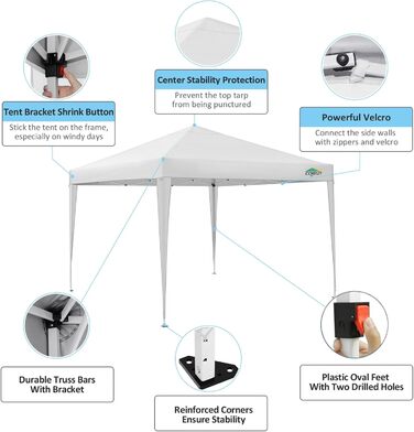COBIZI Folding Gazebo 3x3 Waterproof Stable Pop Up Gazebo Folding 3x3 with 4 Sidewalls | Waterproof | UV Protection 50+ | Gazebo Party Tent for Garden Party Market Picnic | incl. Bag (White)