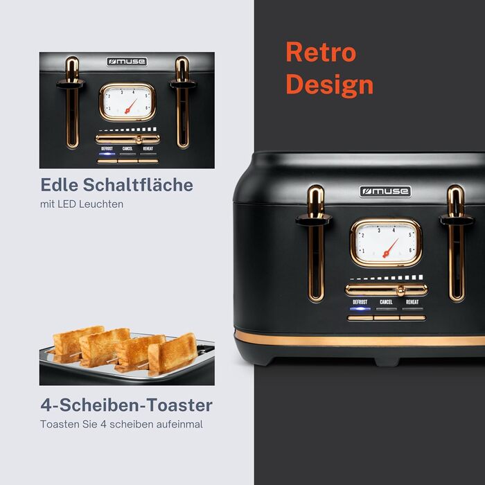Тостер Muse MS-131 BC: 4-х секційний, чорний, ретро дизайн, 6 рівнів підсмажування, з підсвічуванням та крихкозбірником