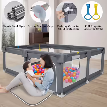 IBVIVIC Playpen Baby Playard 150x180cm, Playpen Baby 300D Oxford Fabric with Breathable Mesh, Non-Slip Base, Baby Fence for Infants Toddlers, Dark Gray Dark Gray 150x180cmx68cm