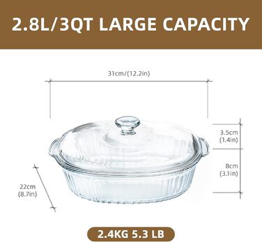 Luvan жароміцна скляна форма для запікання з кришкою 2,8 л, без свинцю, прозора, для духовки та мікрохвильовки, підходить для маринування, випікання, приготування