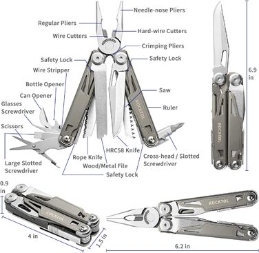 ROCKTOL 19-in-1 Multifunction Pliers - Titanium Coated EDC Tool with Safety Lock & Nylon Sheath - Gift for Men