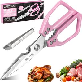 Набір кухонних ножиць 5-в-1 з пінцетом, кухонні ножиці з титановим покриттям, нержавіюча сталь, придатні для миття в посудомийній машині, універсальні ножиці для кухні, птиці, риби, м'яса (рожеві)