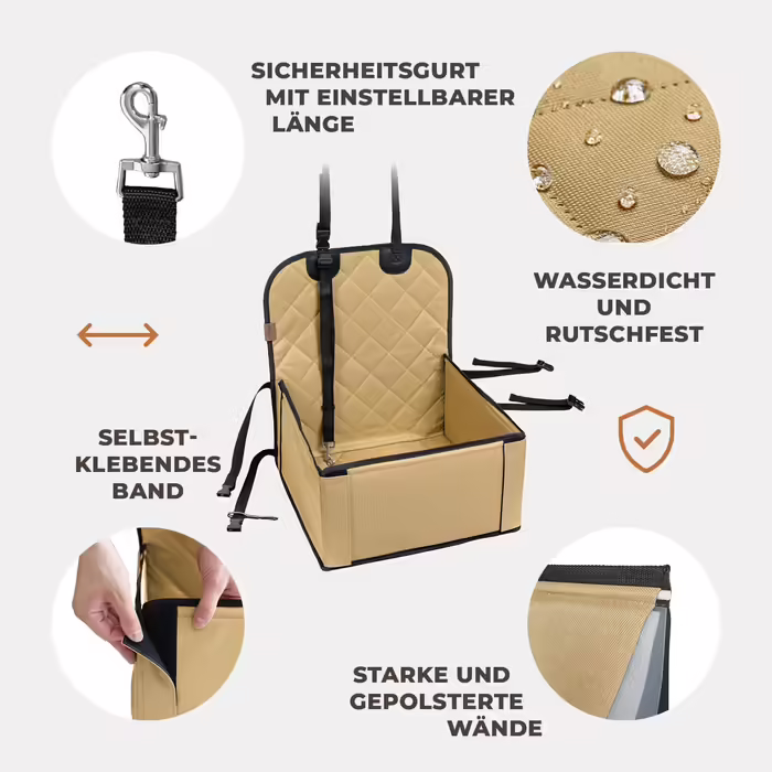 Extra Stable Dog Car Seat - High-Quality Car Seat for Small to Medium Dogs - Reinforced Walls and 3 Straps - Waterproof Dog Car Seat for Back and Front Seats (Beige)