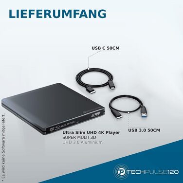 Зовнішній Blu-ray привід techPulse120 UHD 4K 3D M-Disc BDXL USB 3.0 та USB-C, DVD/CD записувач для ноутбука та ПК, Windows/Mac OS, алюміній, сірий
