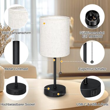 Настільна лампа 2 шт. з USB зарядкою (A+C), LED, тканинний абажур, регулювання кольору, для спальні, вітальні, дитячої, офісу